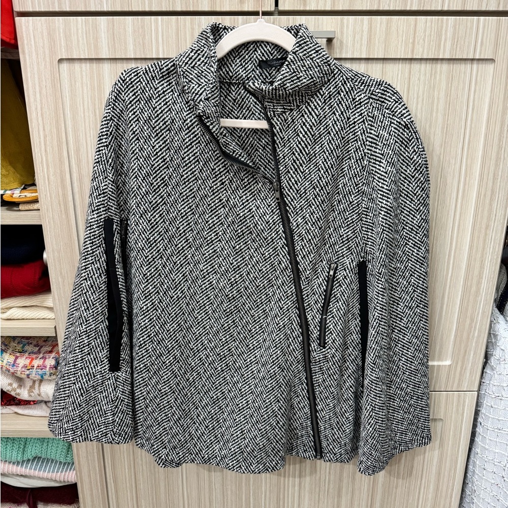 Black and White Herringbone Cape Jacket